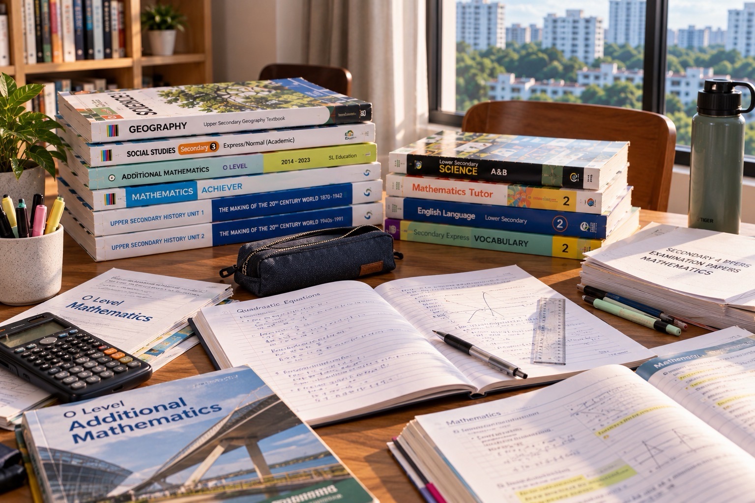 Mathematics books, handwritten notes, open textbooks and a calculator are arranged across a study desk.