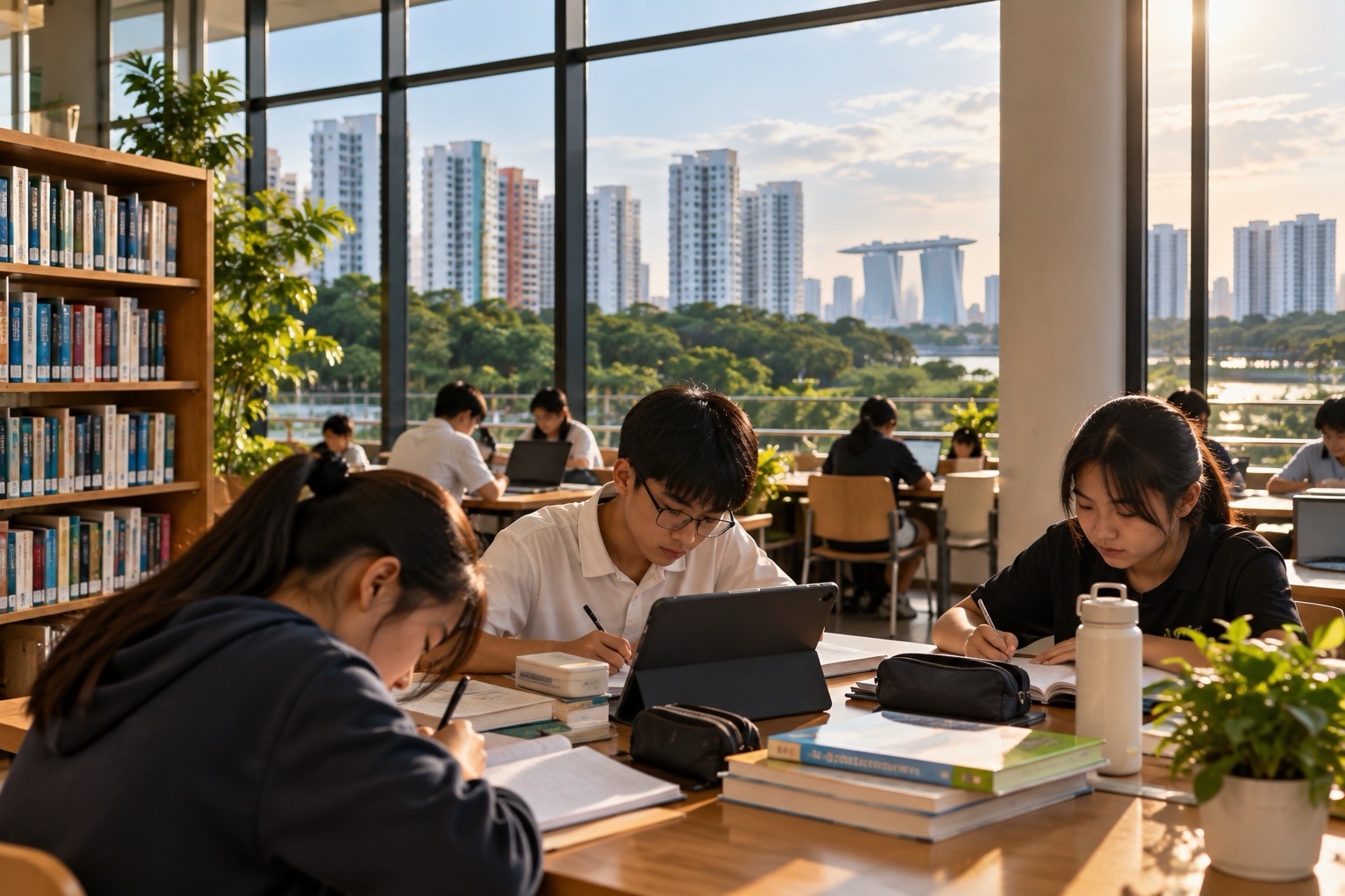 Students work with books, notes and a tablet at a shared library table beside tall windows overlooking the city.